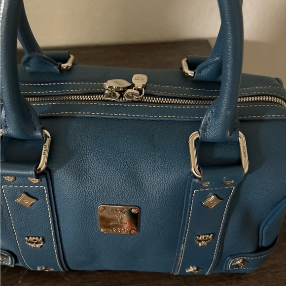 MCM Blue Leather Boston Bag with Silver Accents - Picture 13 of 13